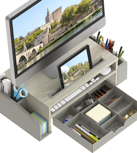 Desk Monitor Stand Riser with Adjustable Organizer Tray, Maple