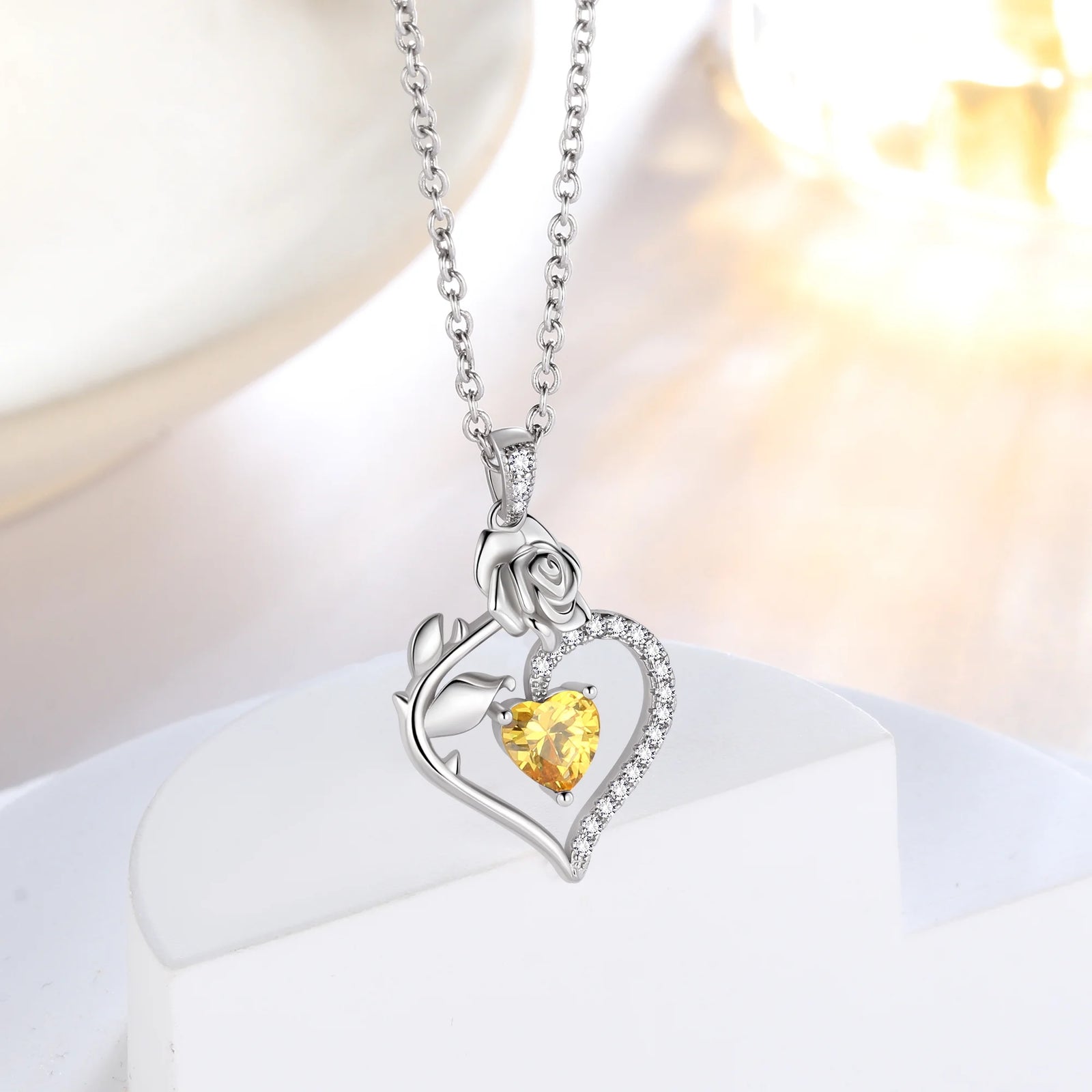 925 Sterling Silver Birthstone Necklace Rose Flower Heart Pendant Jewelry Christmas Valentines Mother'S Day Gifts for Women Mom Wife/Lover