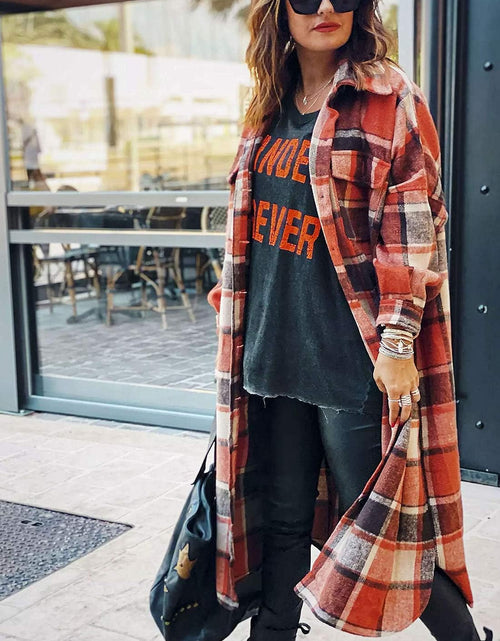 Load image into Gallery viewer, Women'S Lounge Lapel Button up Long Sleeve Plaid Long Shirt Jacket Shacket
