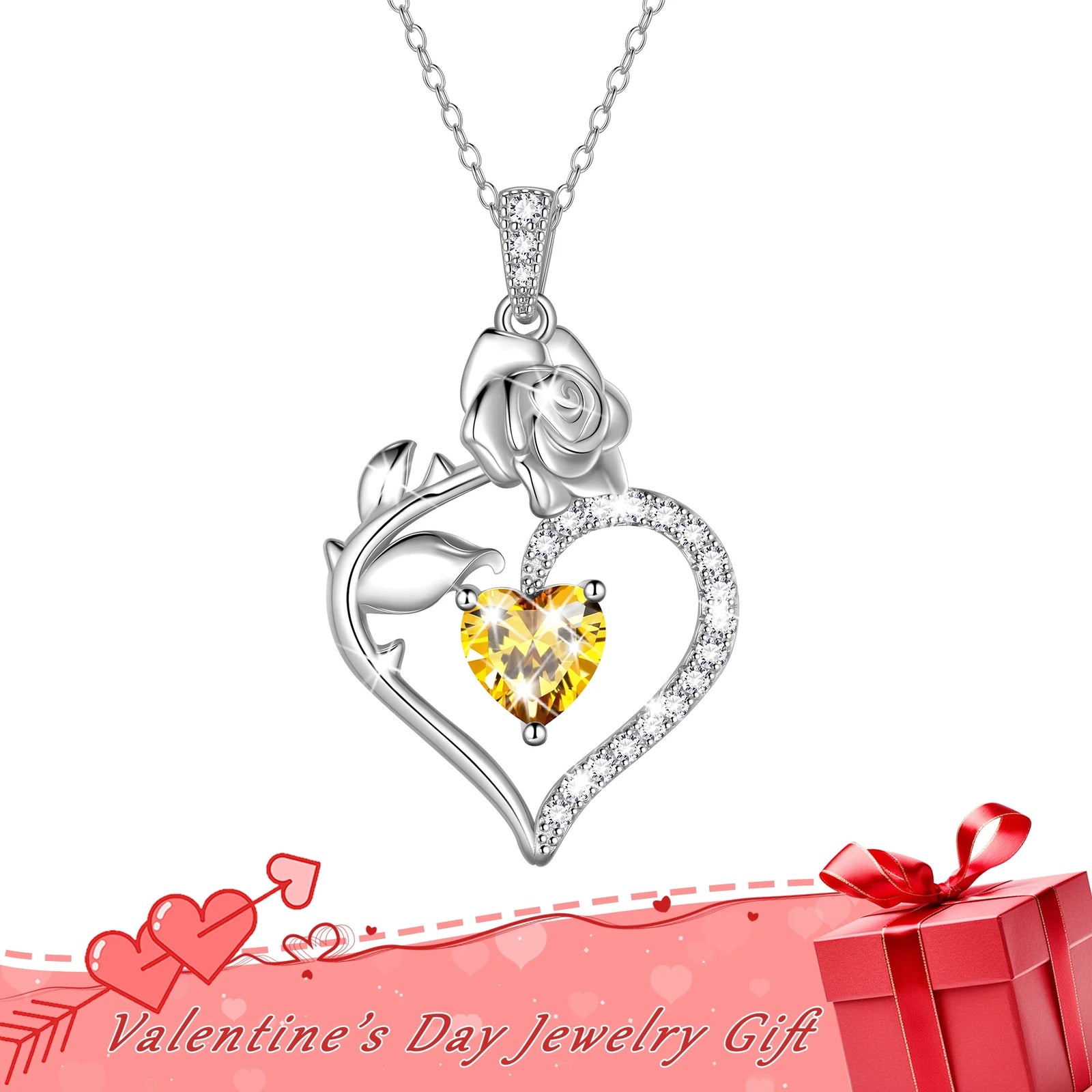 925 Sterling Silver Birthstone Necklace Rose Flower Heart Pendant Jewelry Christmas Valentines Mother'S Day Gifts for Women Mom Wife/Lover